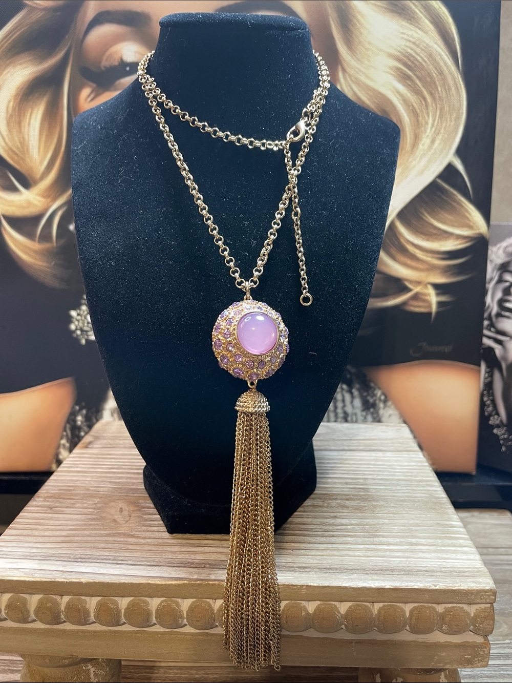 Gold Tassel Pendant Necklace with Lavender Stone 30”